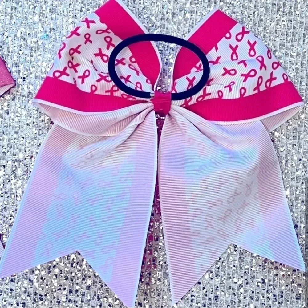 Cheer Bows Breast Cancer Awareness Pink White 2 Hair Bows Glitter‎ Sparkle
